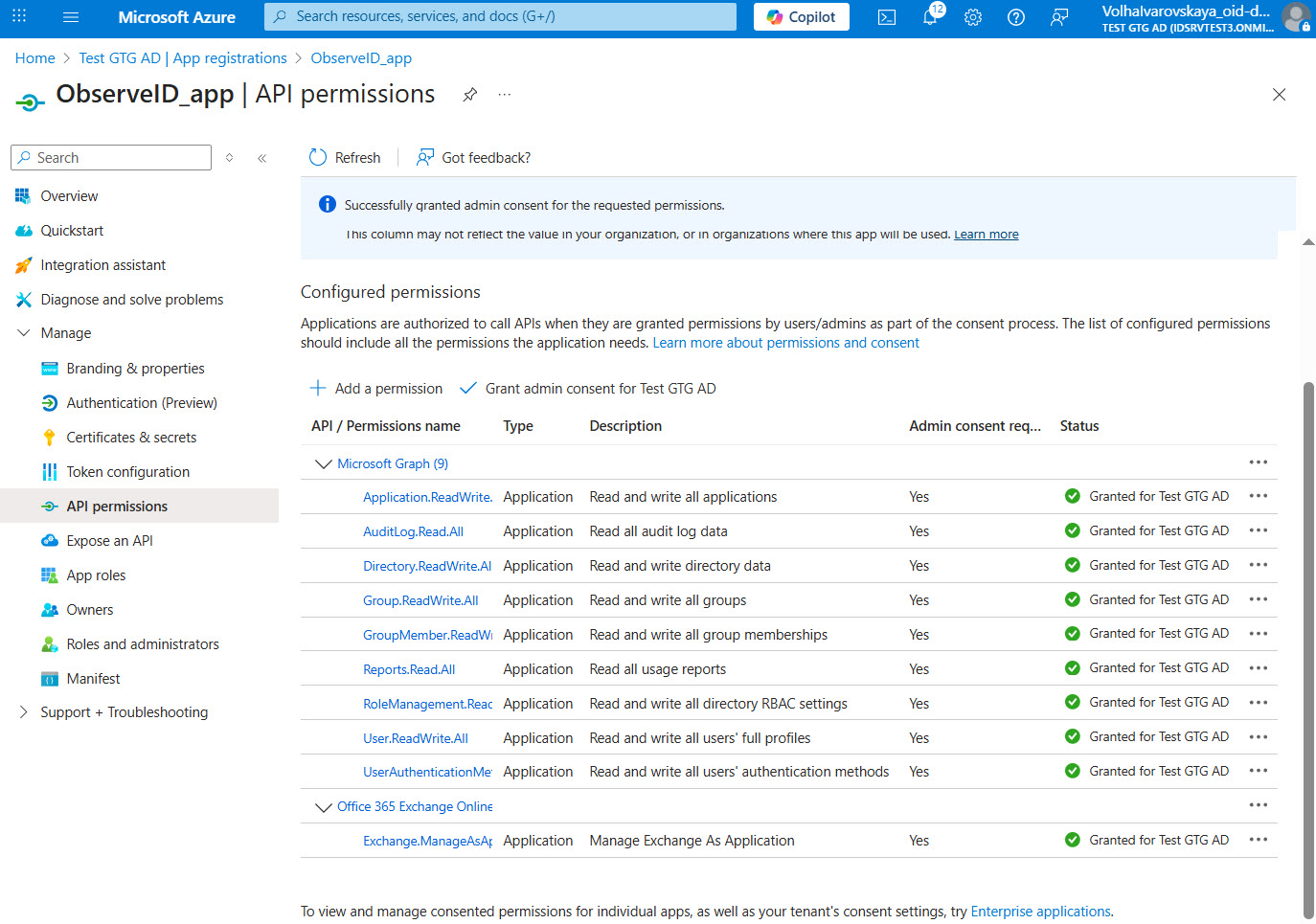 API Permissions of a registered app in the Azure portal