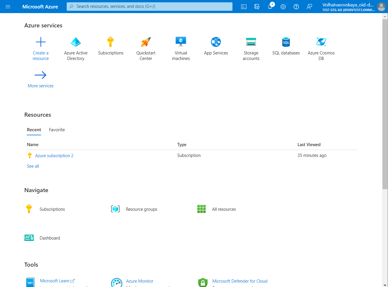 Home page of the Azure portal