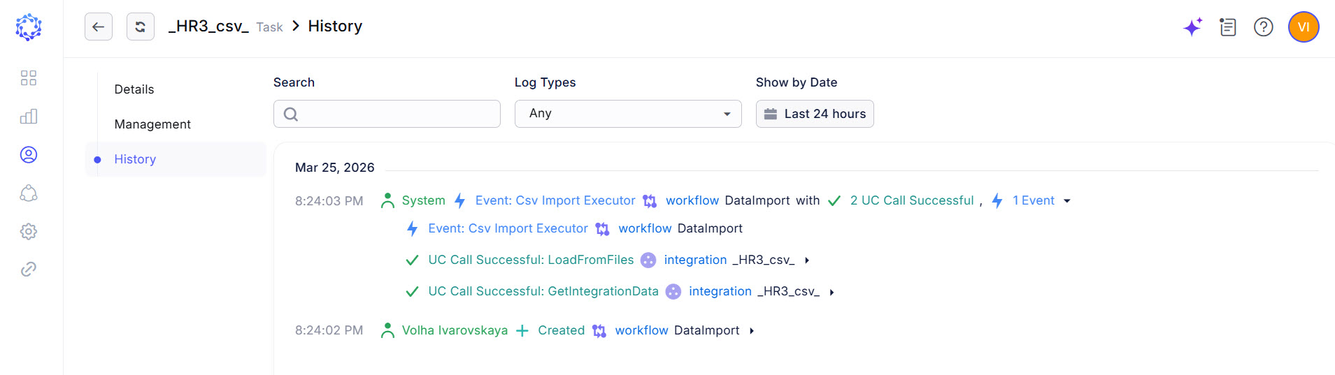 Task execution results