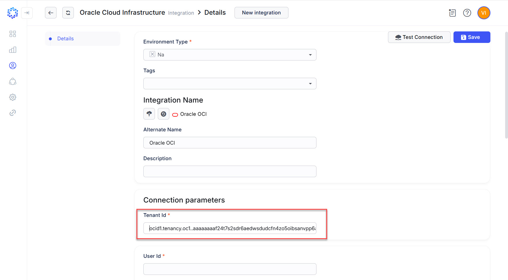 Tenant Id field of the new integration