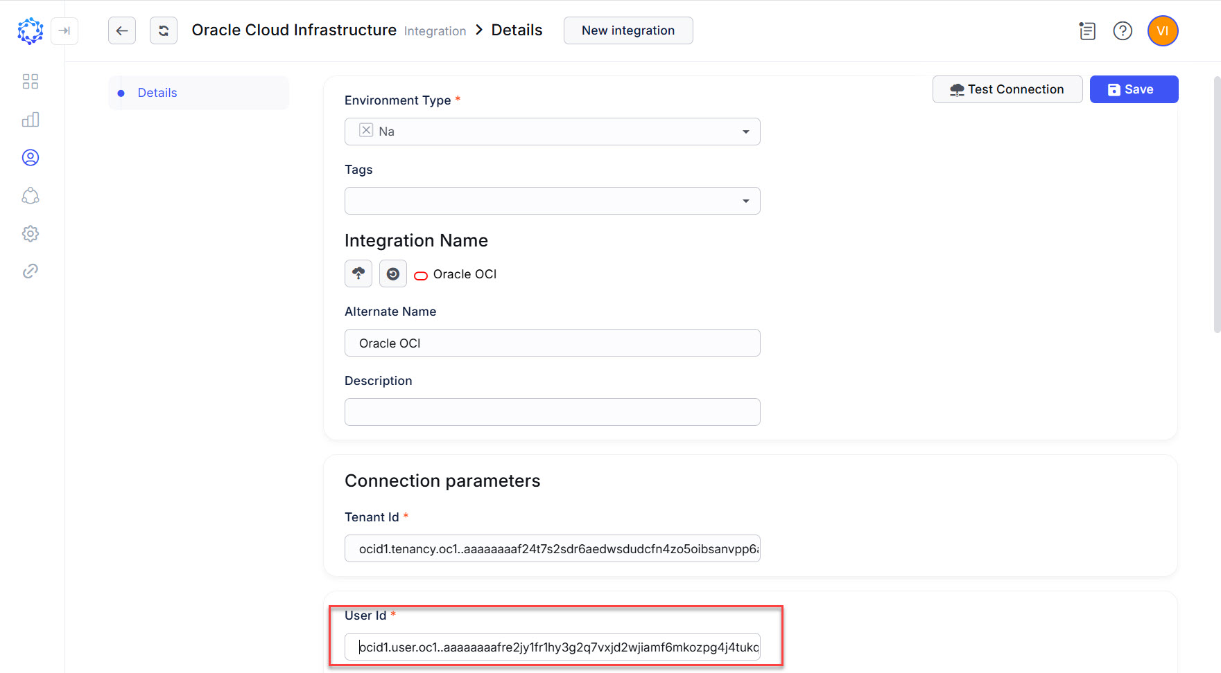 User Id field of the new integration