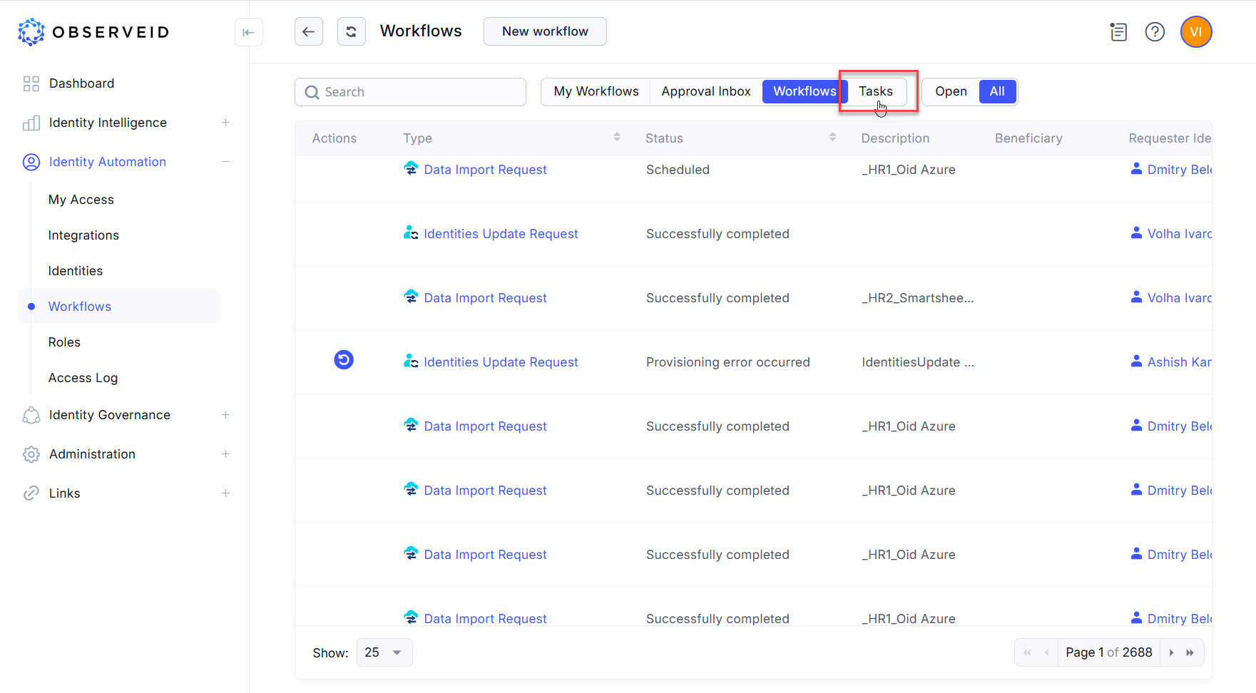 Opening the Tasks grid
