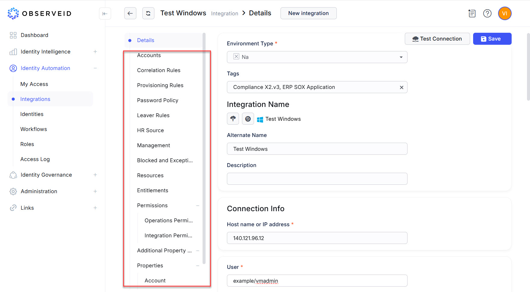 Integration Data of the Test Windows integration