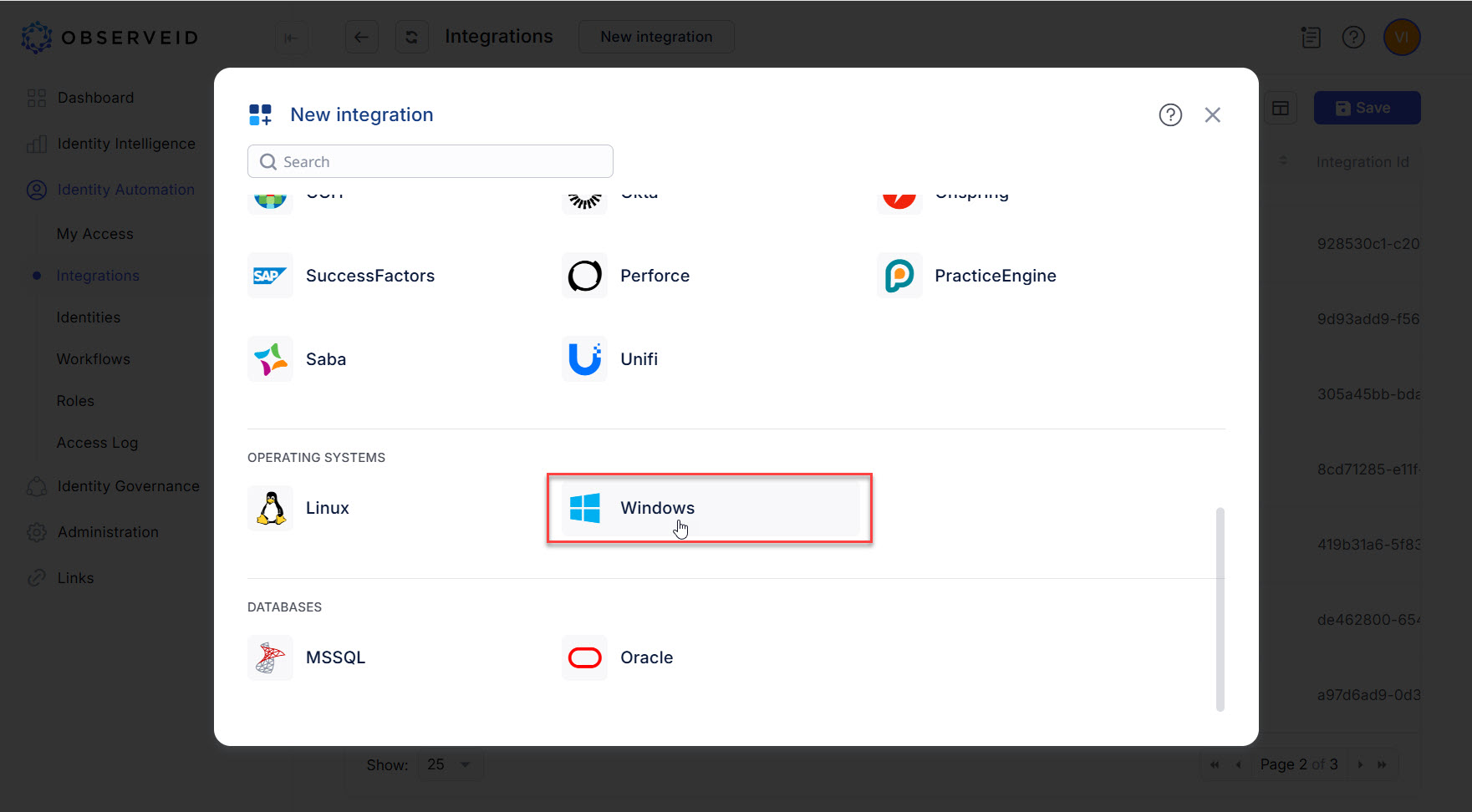 The New integration popup
