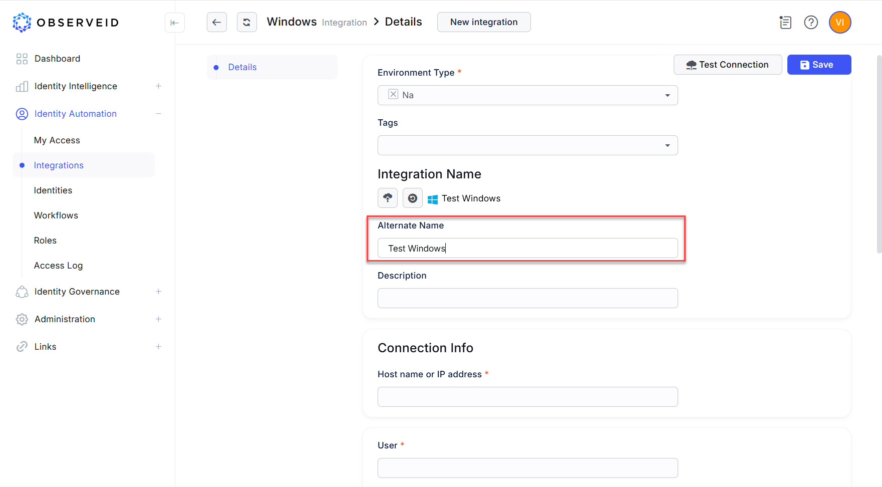 Entering the name for the integration