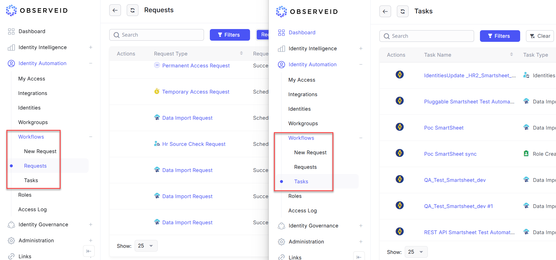 Requests grid and Tasks grid