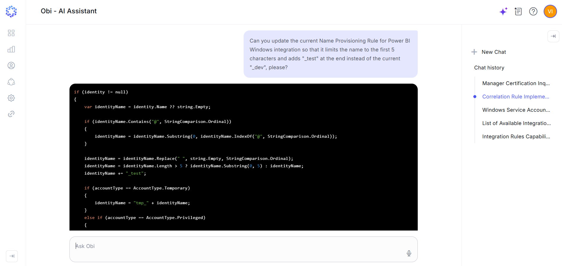Obi AI working on a provisioning rule