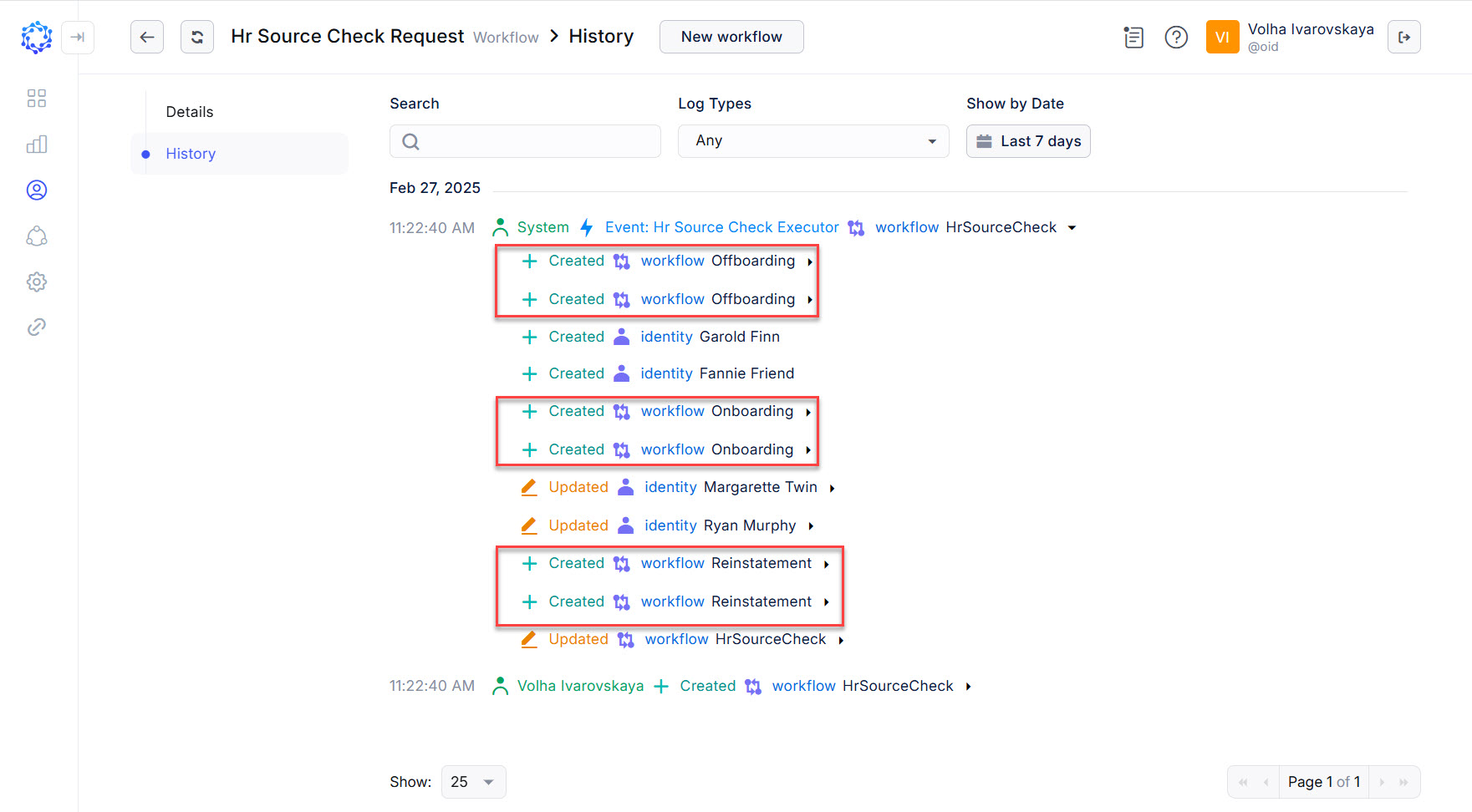 HR Source Check created 6 different workflows based on the detected changes in the integration data