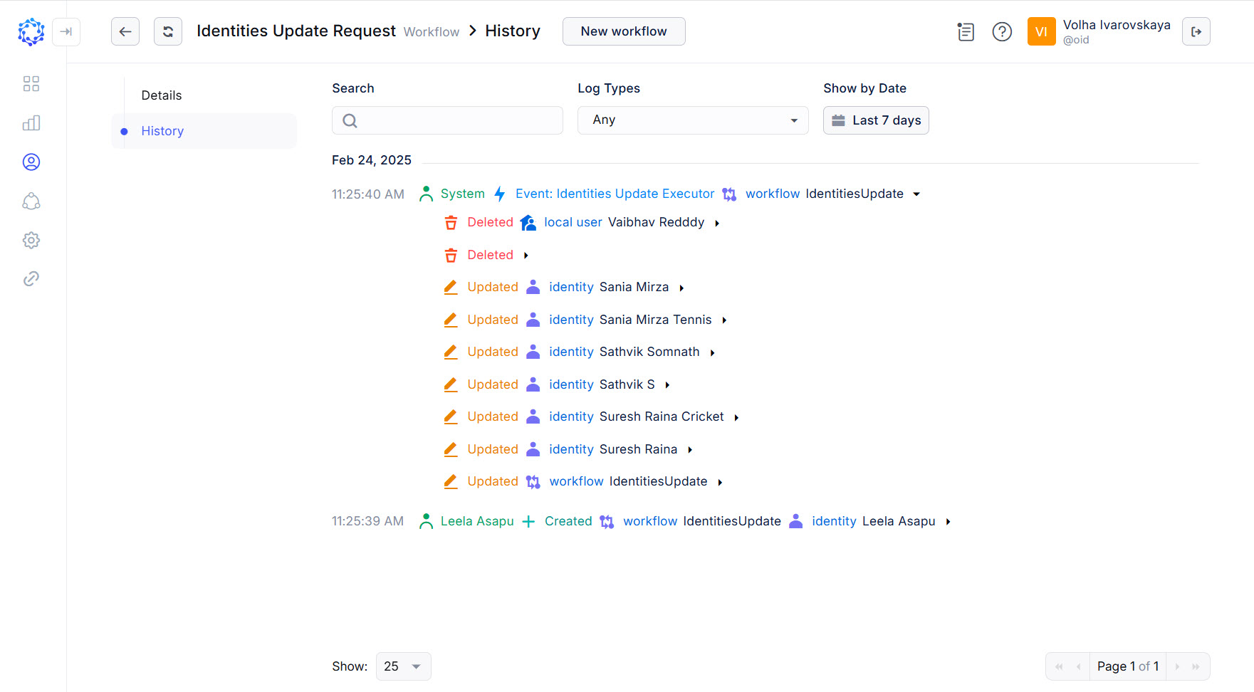 Identities Update updated identities and a local user