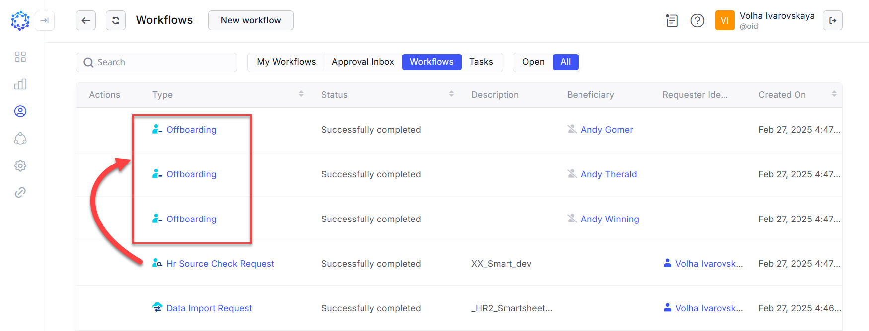 Workflows grid with all Offboarding workflows
