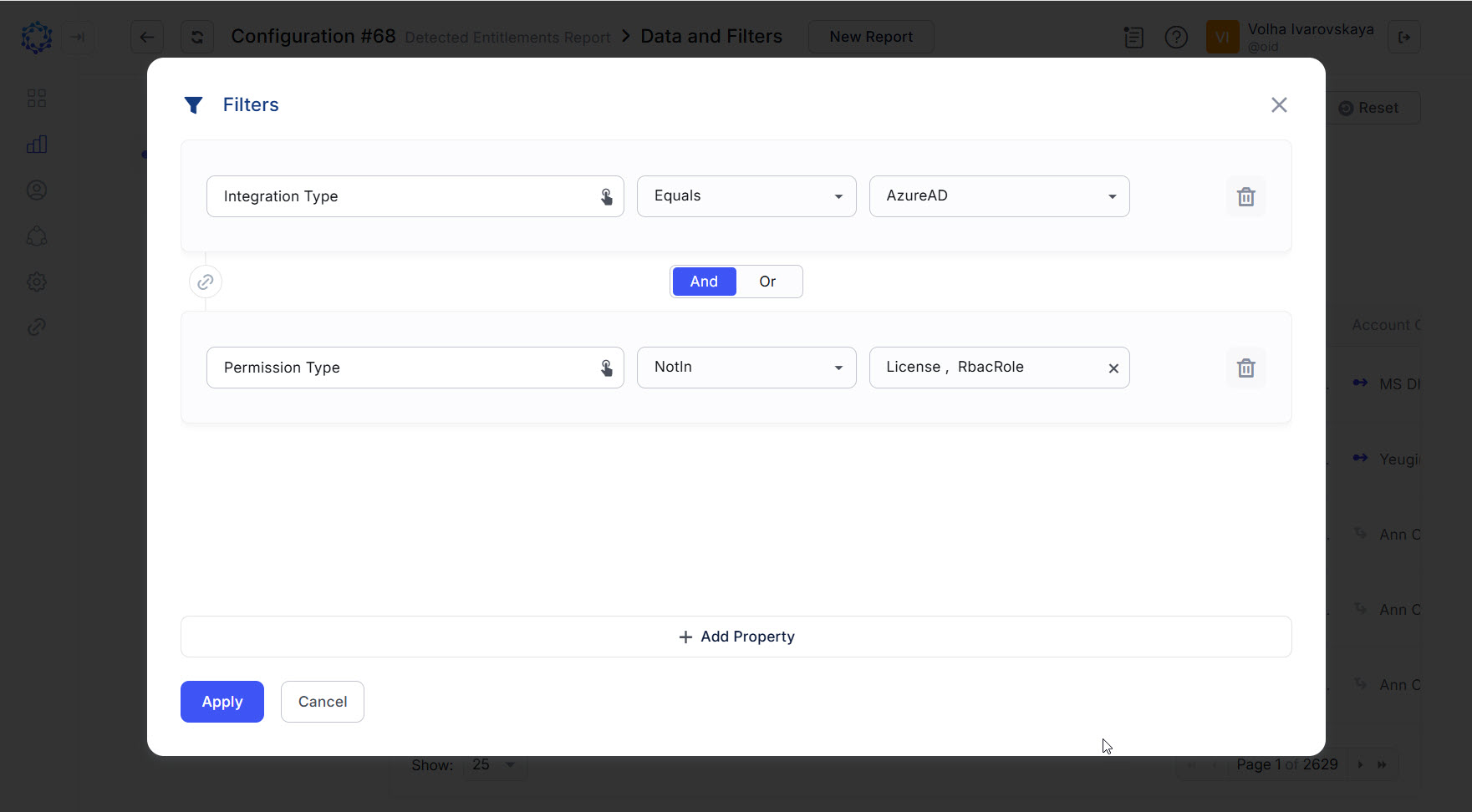 Setup of filters in the Grid to define the dataset to use in the Chart