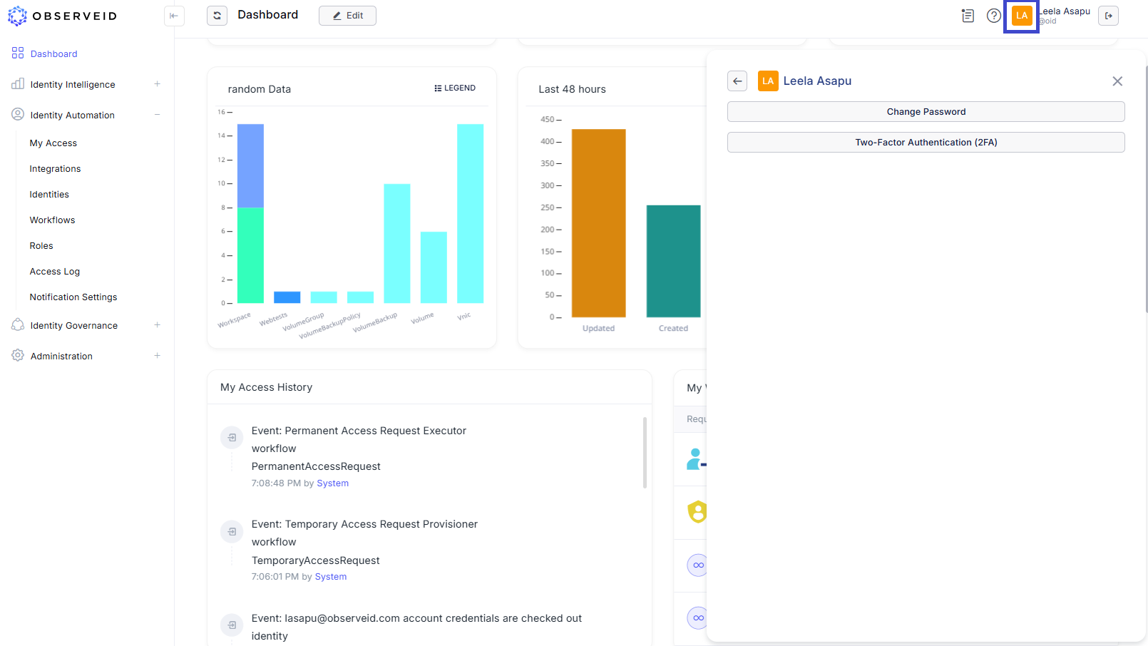 User Settings in the header
