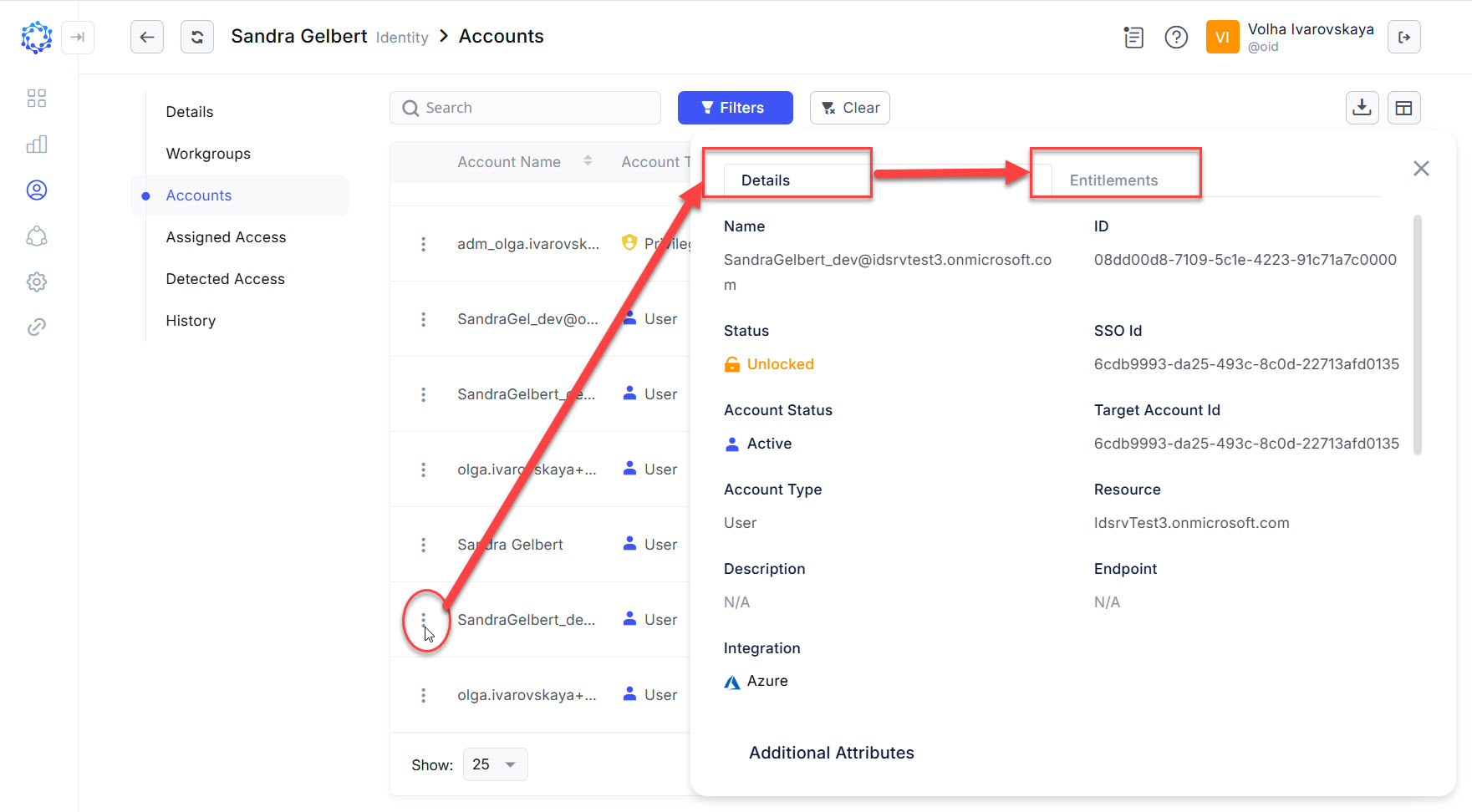 Details of an account of an Identity in the Identities area