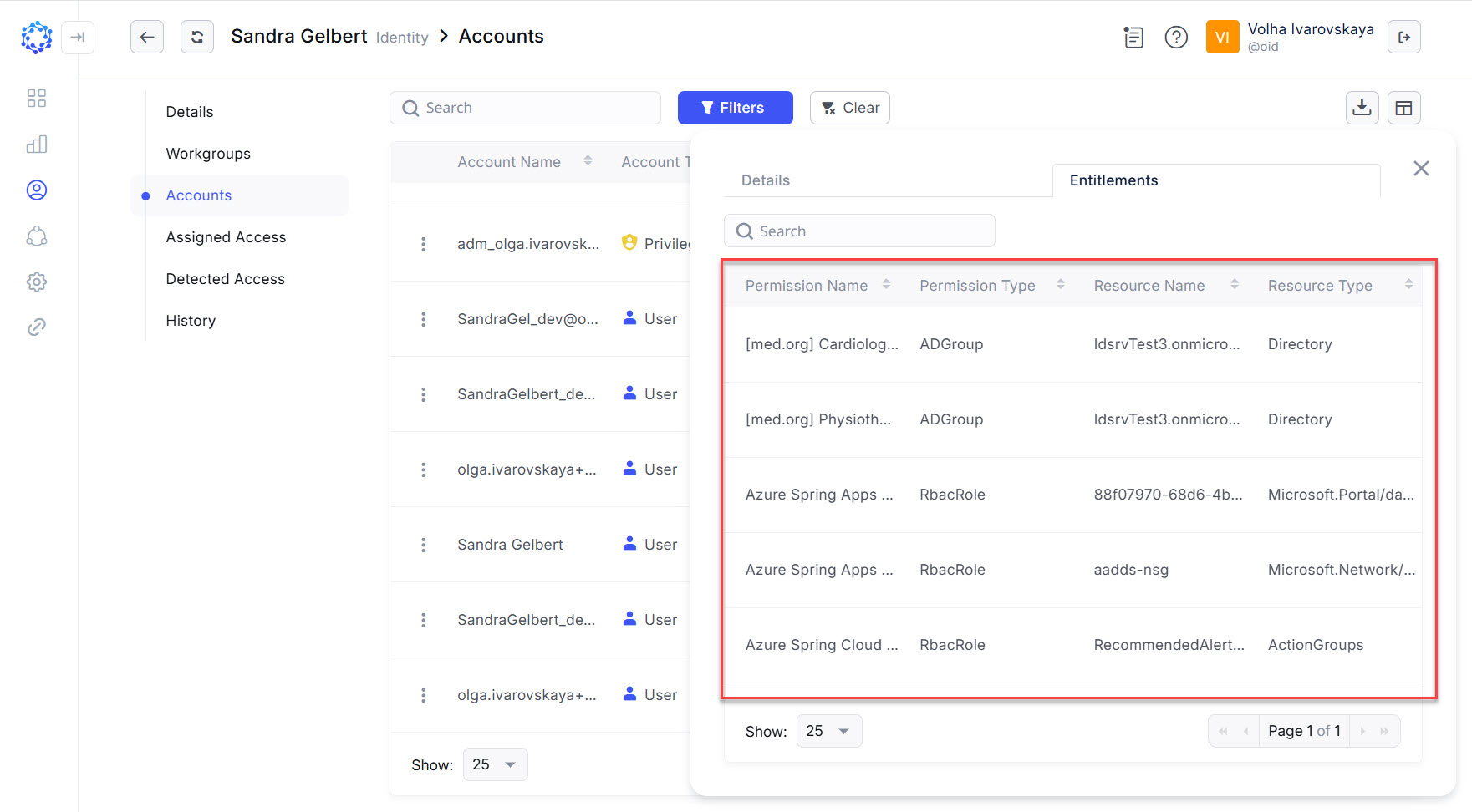 Entitlements of an account of an Identity in the Identities area