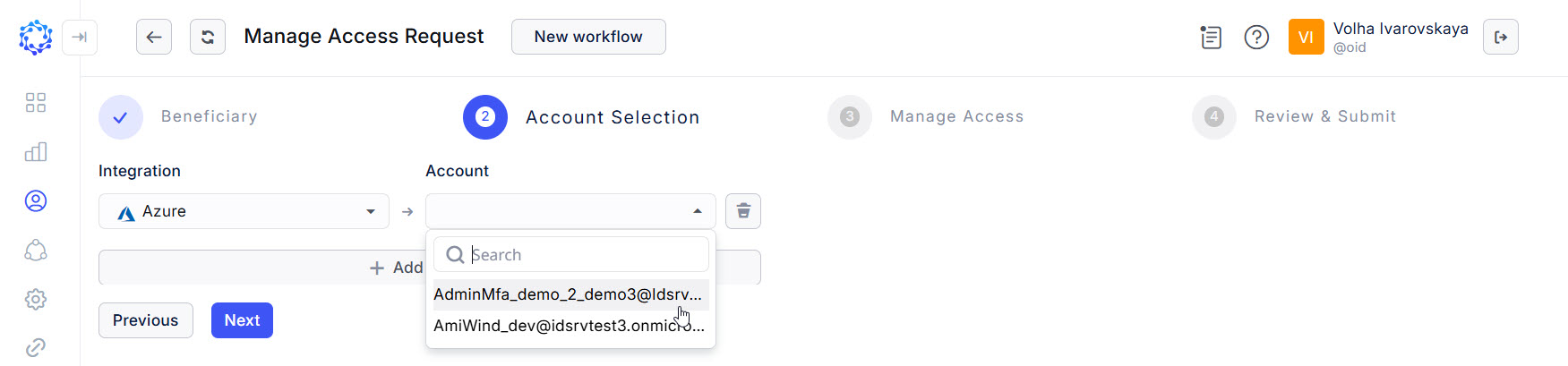 Selection of an account