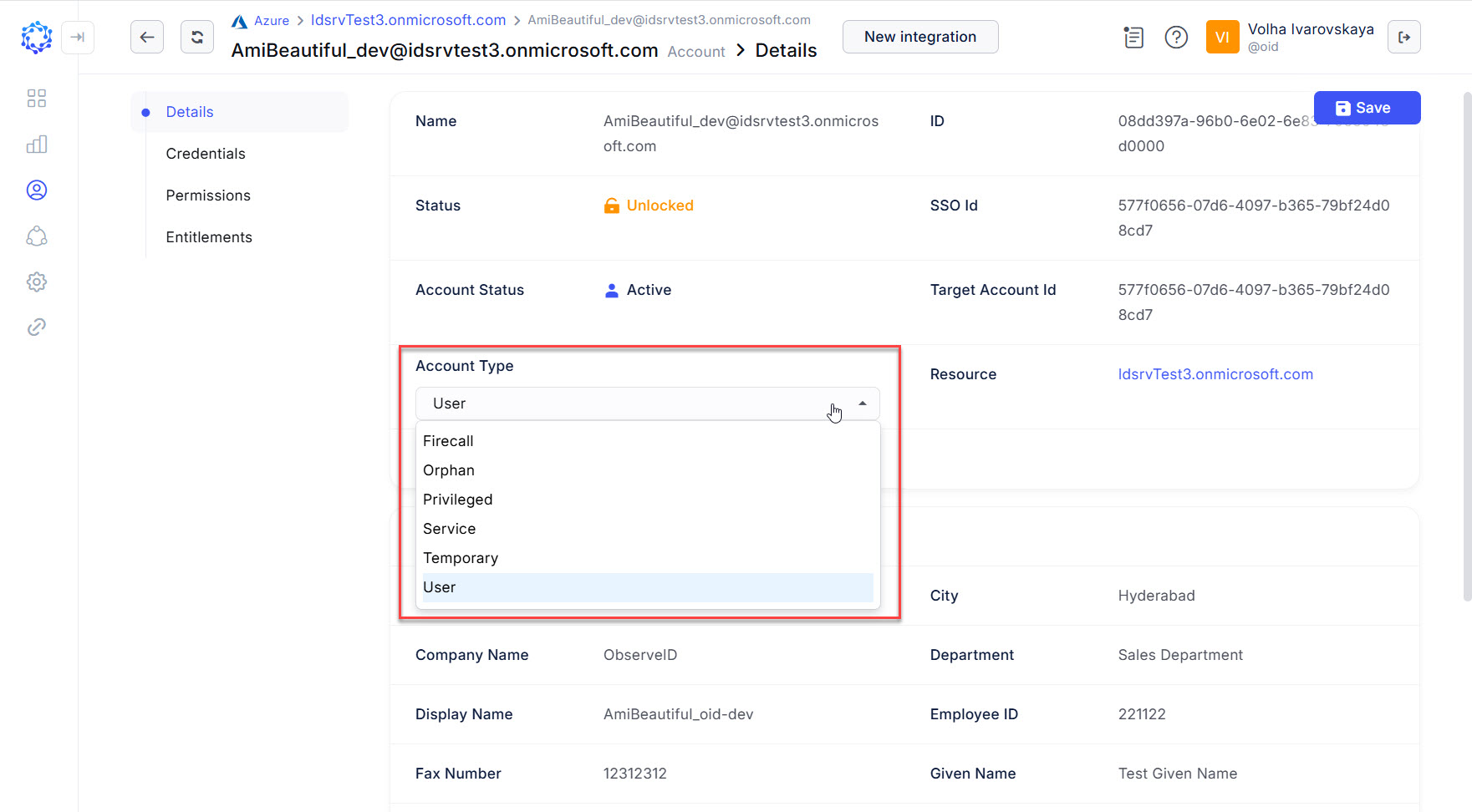 Type defined for an account opened in the integration