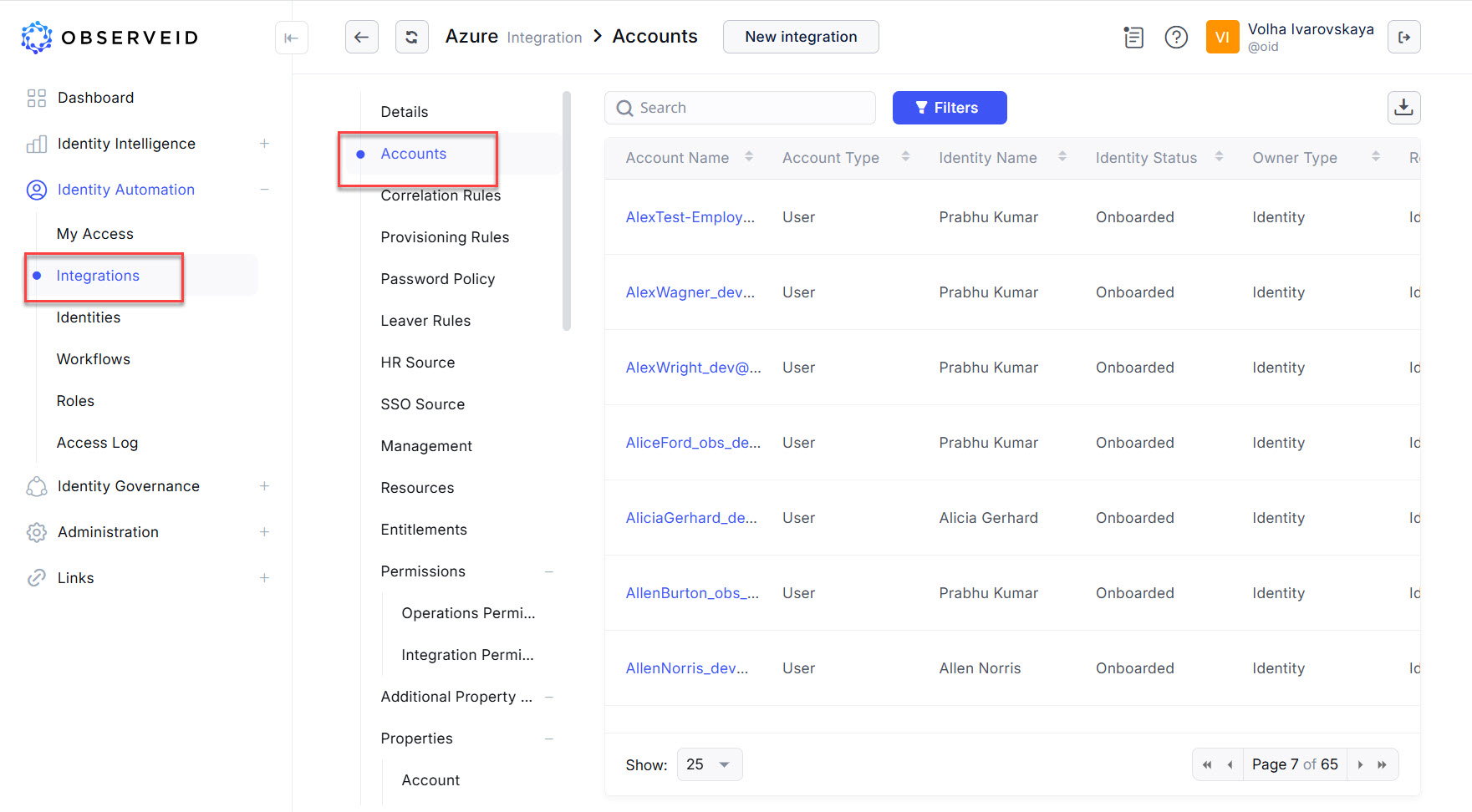 Accounts of the Azure integration