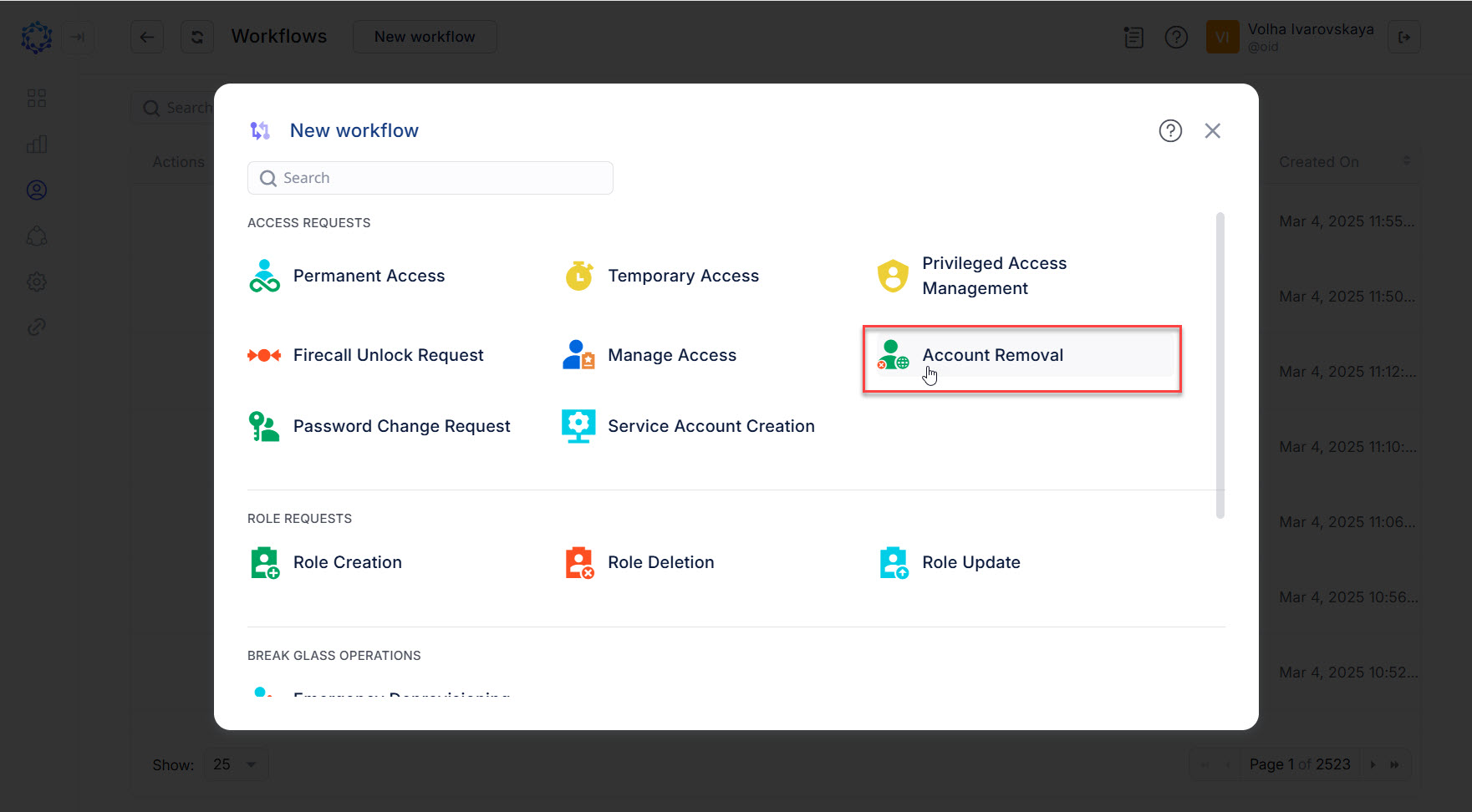 Account Removal option in the New workflow popup