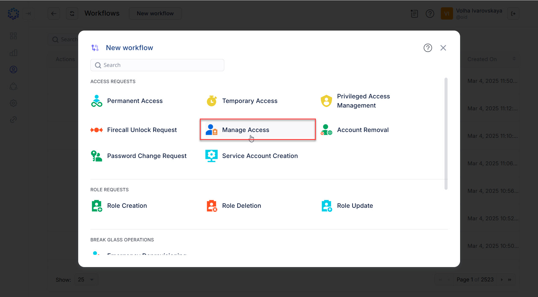 Selection of Manage Access among other access requests