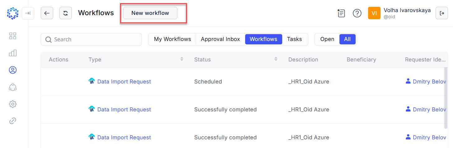 New workflow button in the header on the Workflows page in Identity Automation