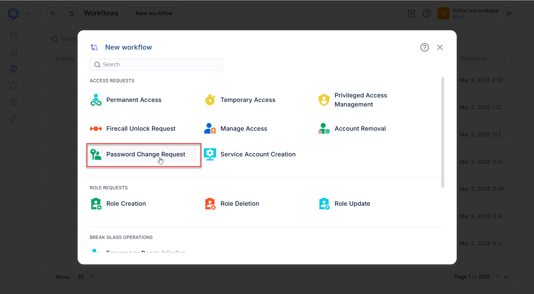 Password Change Request in the New workflow popup