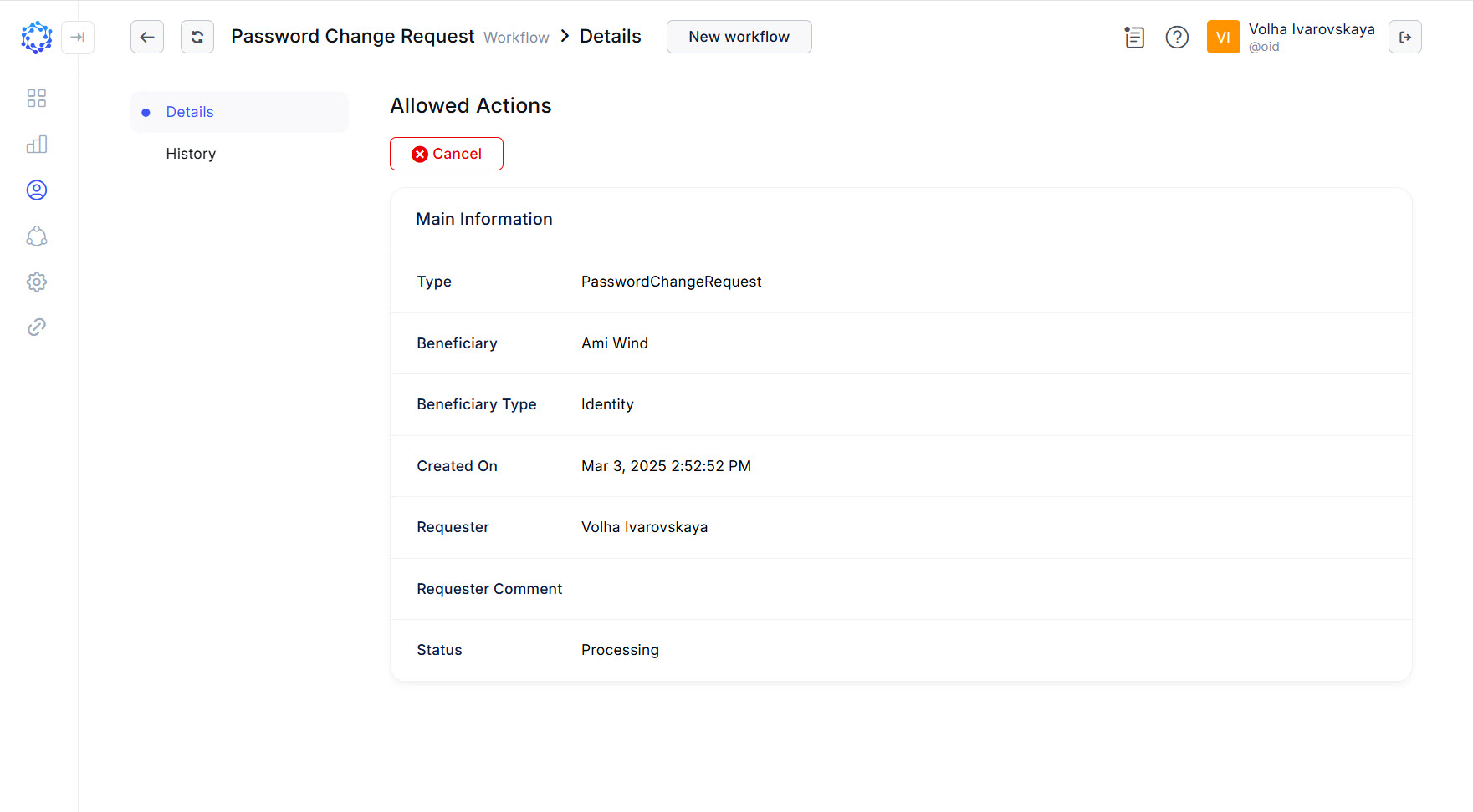 Details of the running workflow