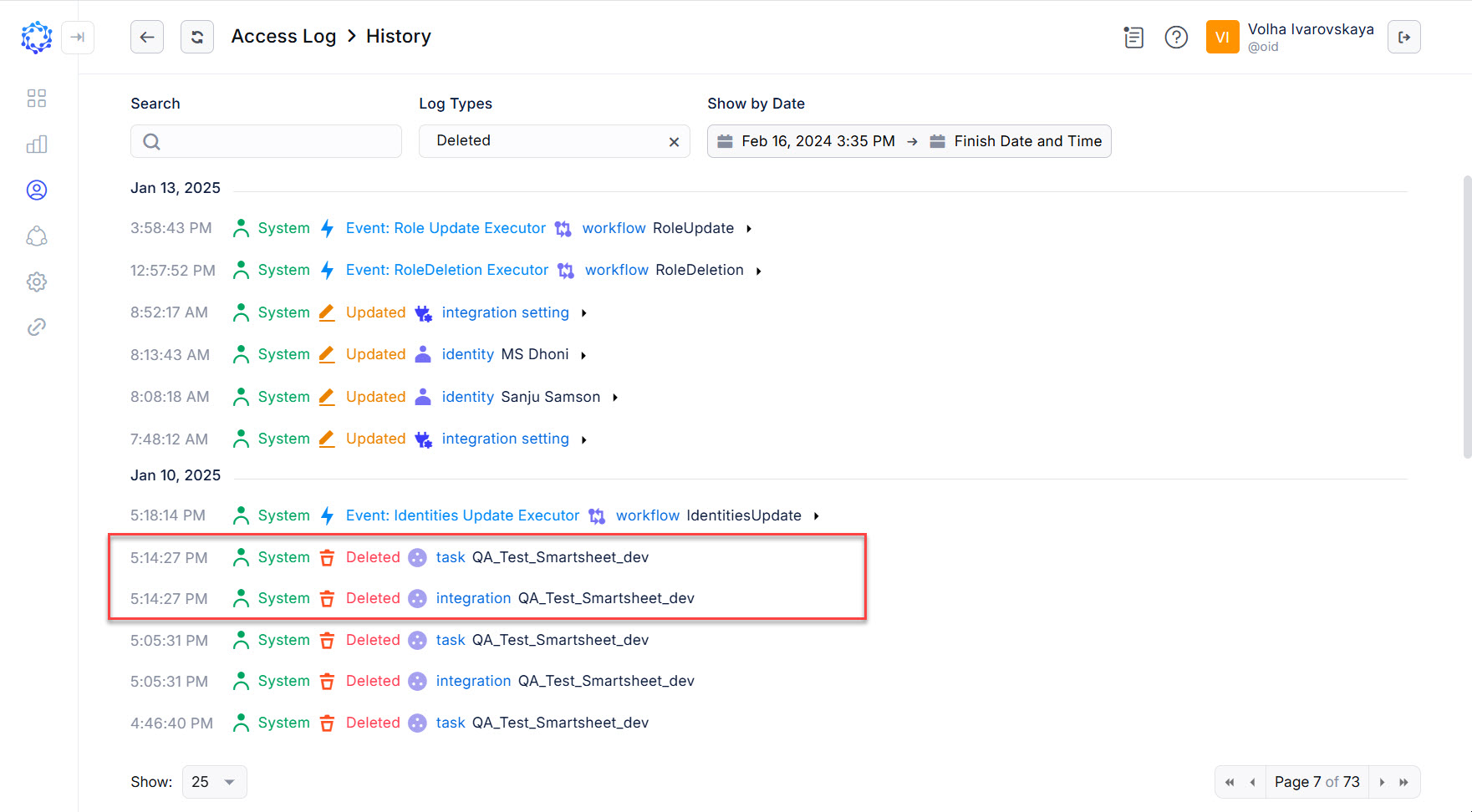 Access log showing records about the deletion of an integration