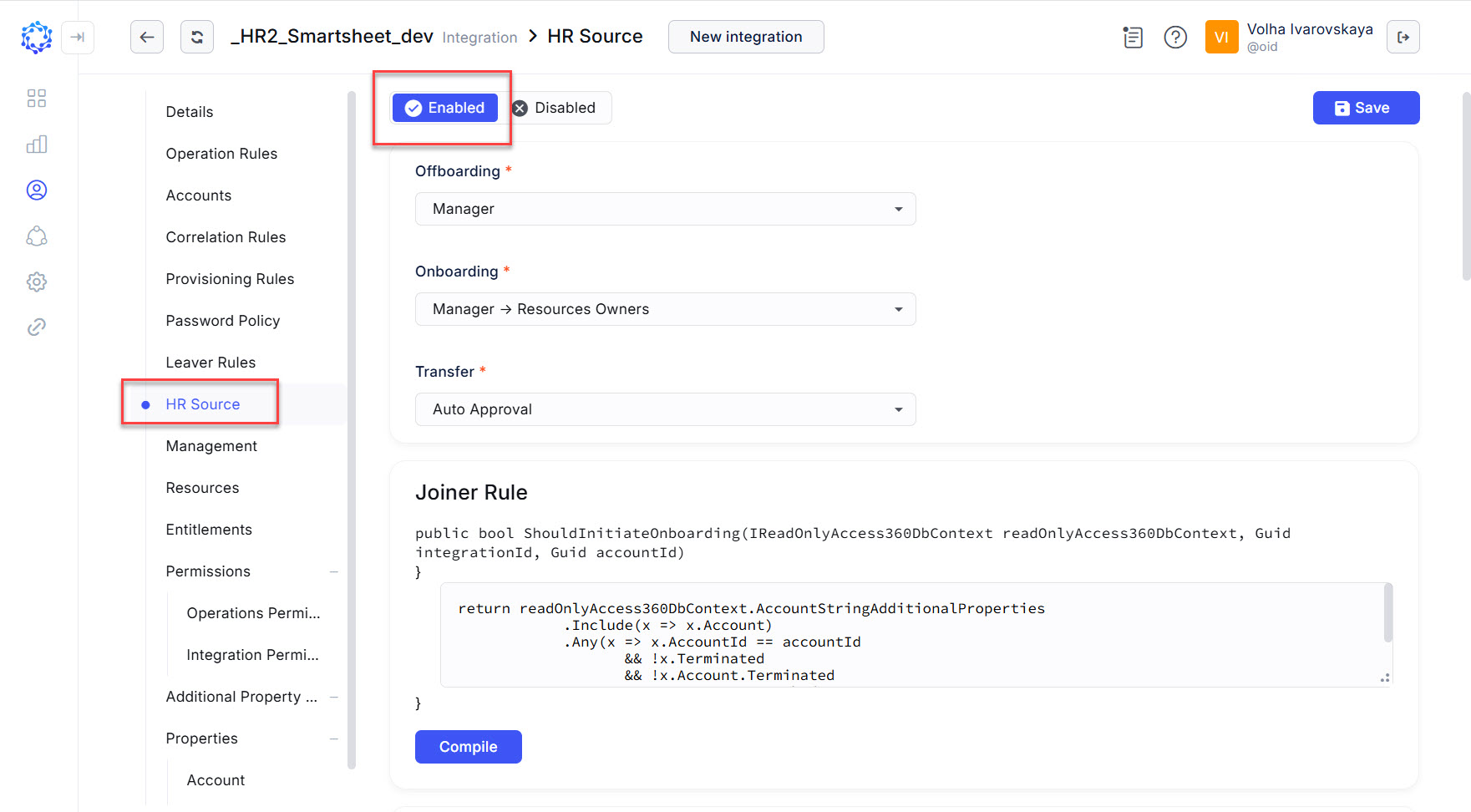 Integration enabled as a HR Source