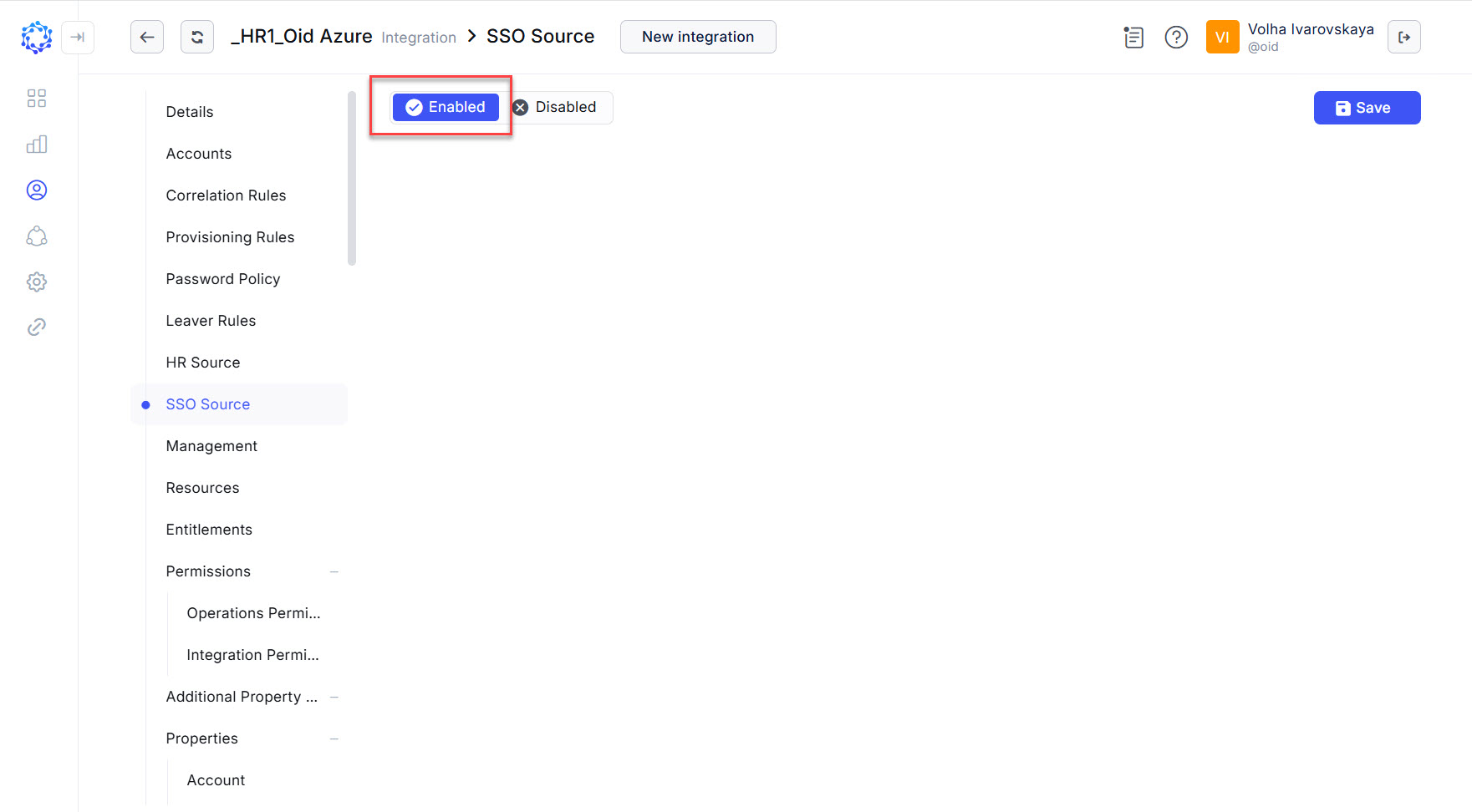 Example of an integration enabled as an SSO Source