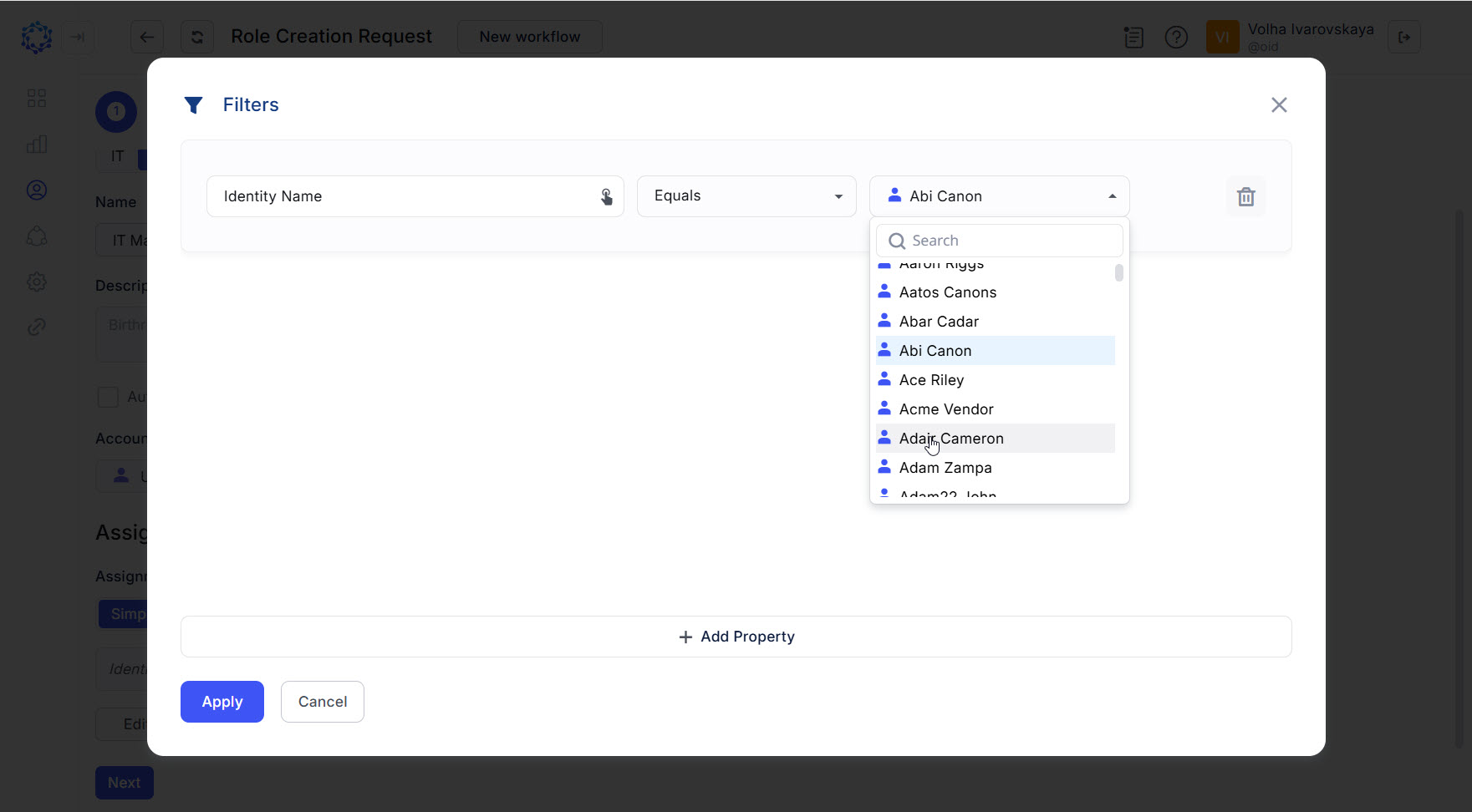 Identity selected with Filters