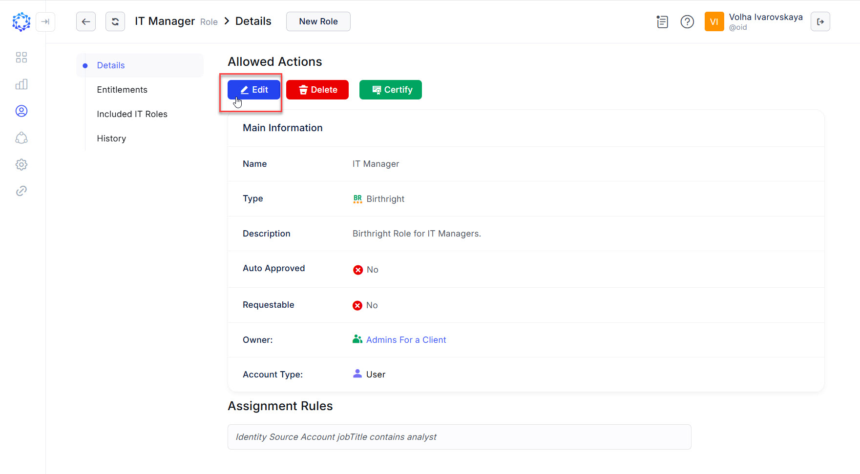 A role shows Details after being clicked in the Roles grid