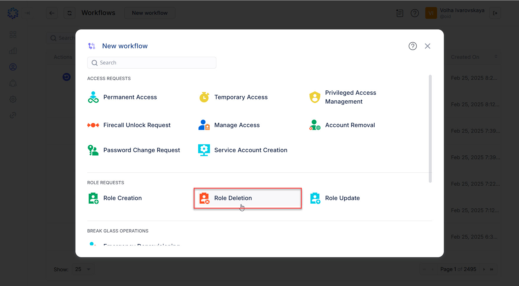 New workflow popup and selection of the Role Deletion workflow