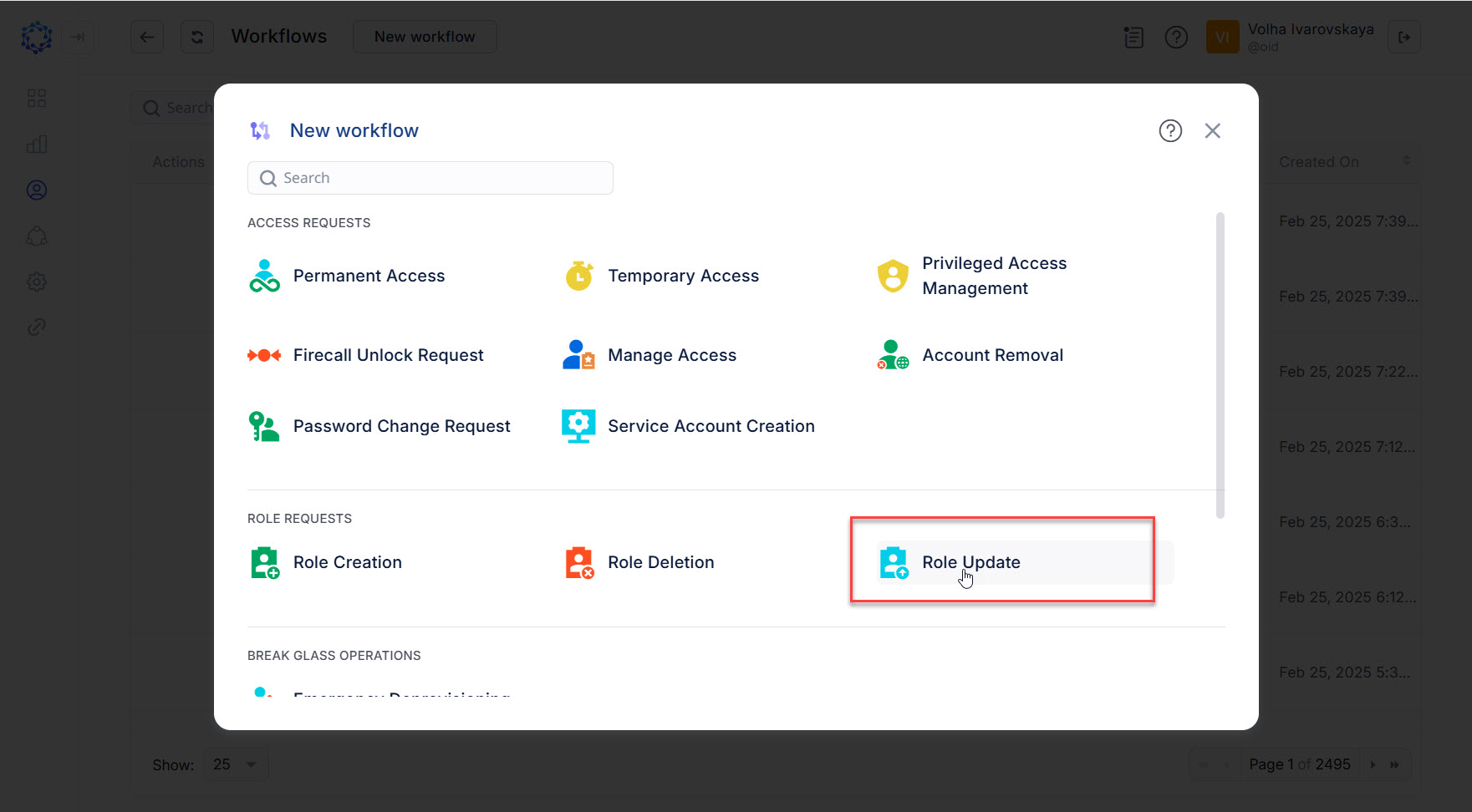 New workflow popup and selection of the Role Update workflow