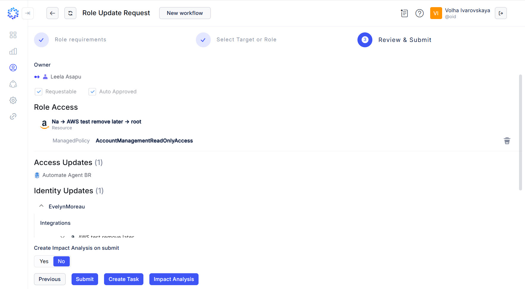Review step of the Role Update workflow