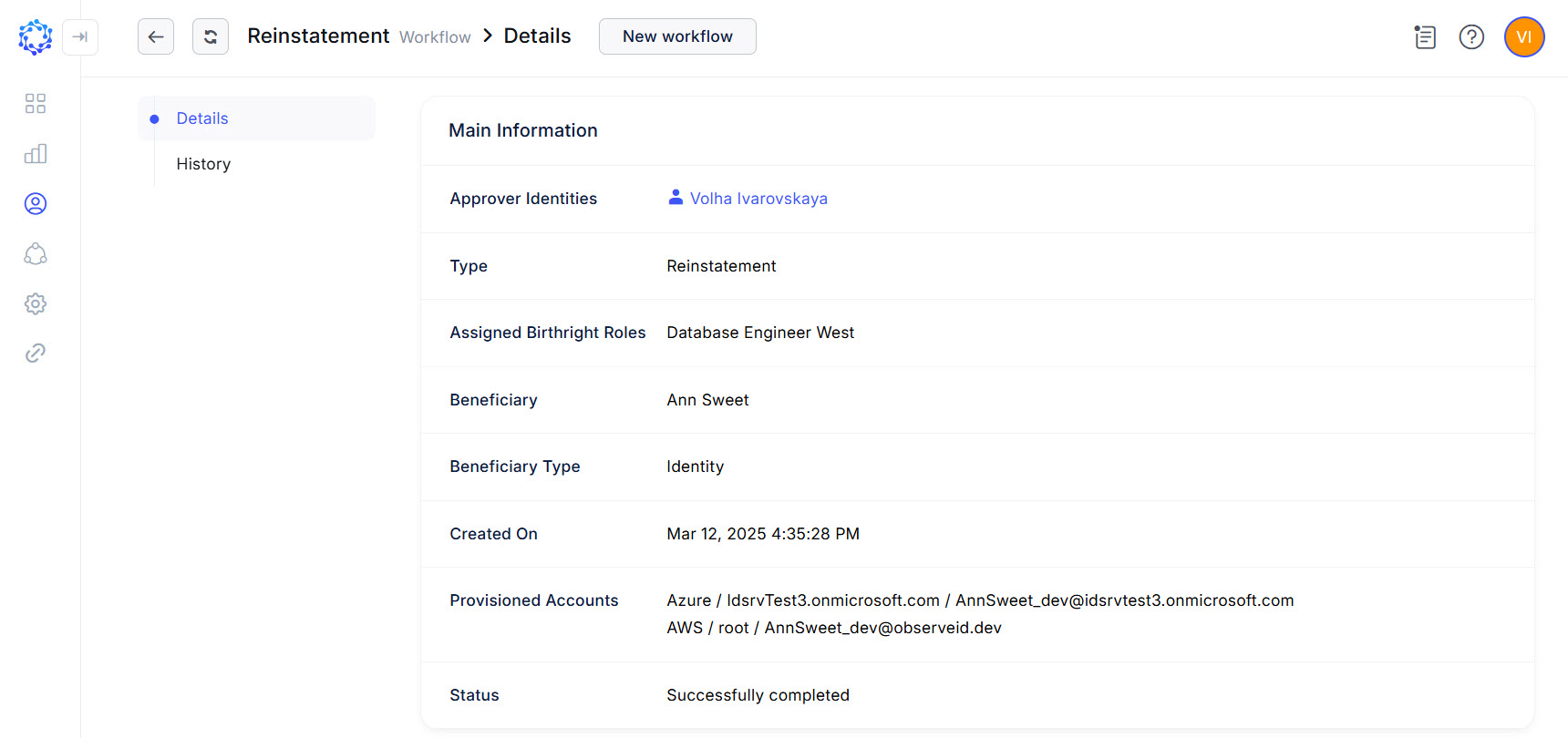 The Details page of the Reinstatement workflow