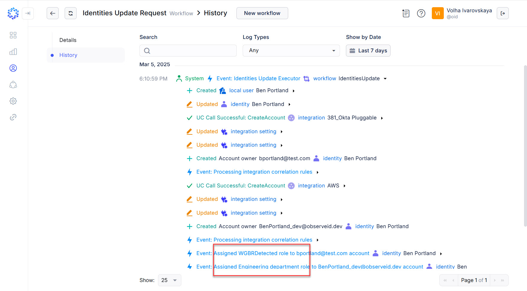 Example of Identities Update granting two roles and creating two accounts