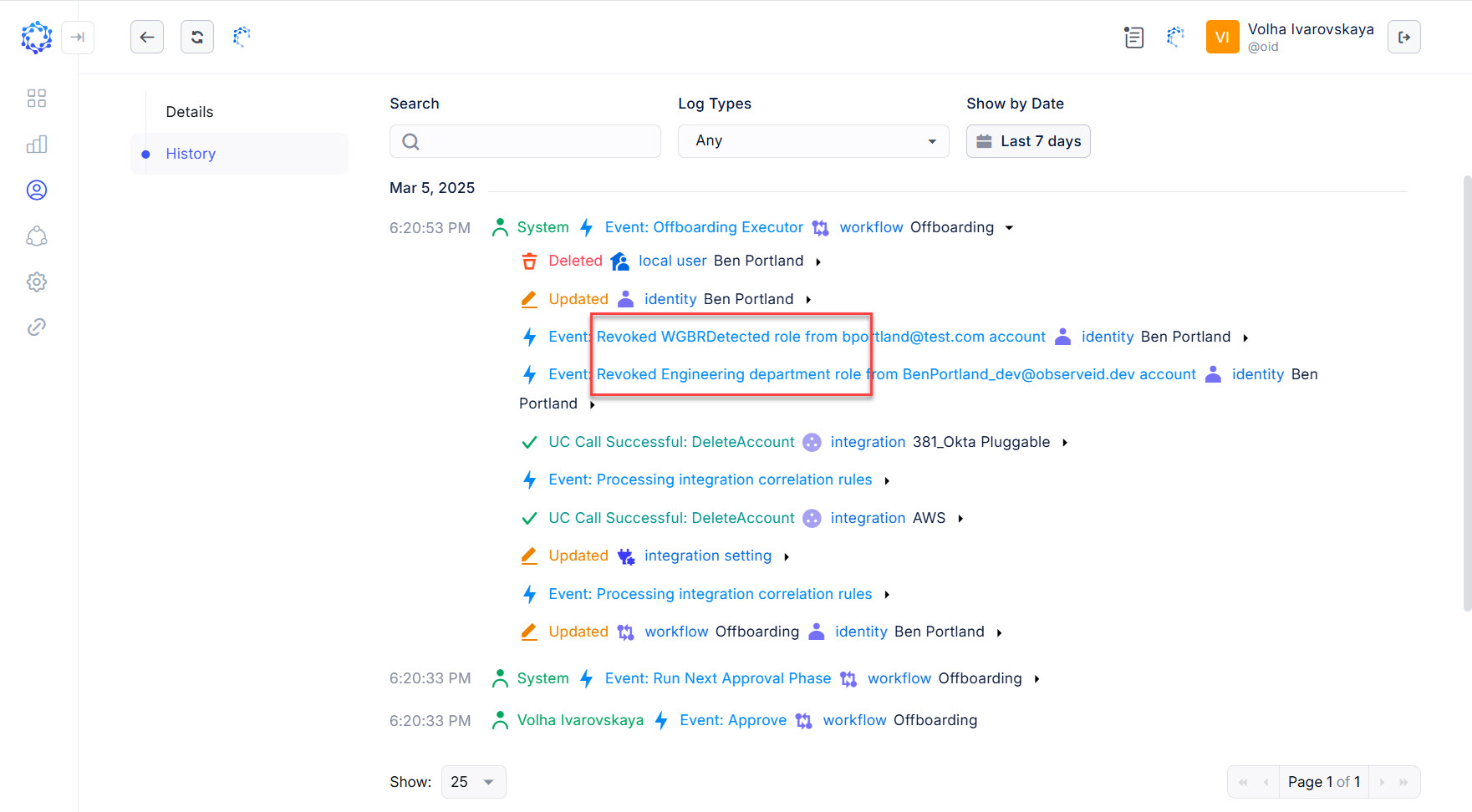 Example of Offboarding revoking two BR Roles