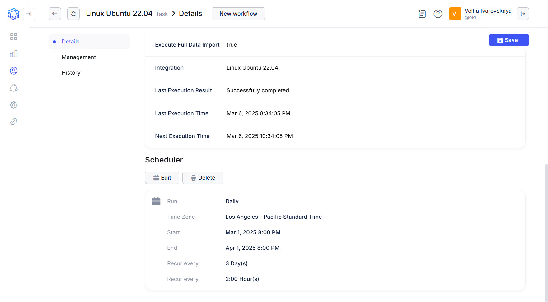 Schedule established for a Data Import task