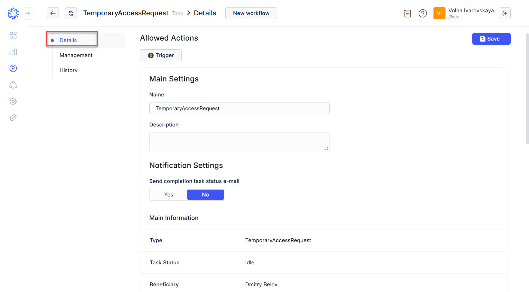 Details page of the task